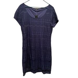 Tiana B Mini Sheath Dress Women Size L Blue Lace Short Sleeve Round Neck Nylon